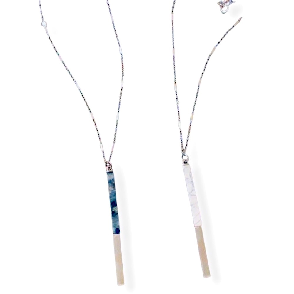 Lariat Bar Necklace • Natural Stone • White • Black • Polished Silver Finish